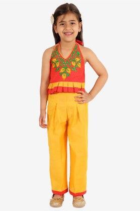 all over print cotton v neck girls ethnic set - orange