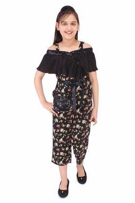 all over print georgette square neck girls casual wear jumpsuits - black