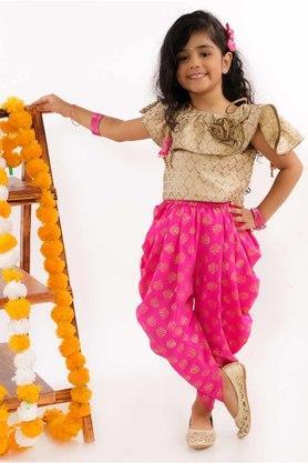 all over print polyester regular fit girls ethnic set - gold