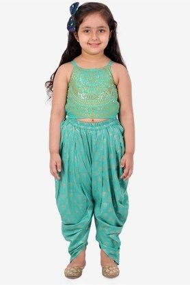 all over print polyester regular fit girls ethnic set - green