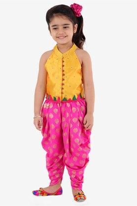 all over print polyester regular fit girls ethnic set - yellow