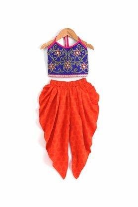 all over print polyester round neck girls ethnic set - blue