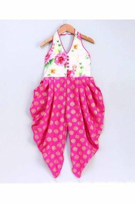 all over print polyester v neck girls ethnic set - pink