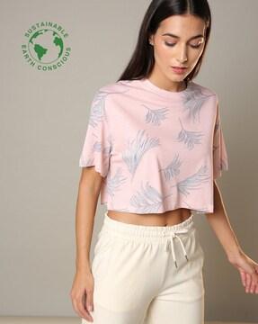 all-over print round-neck crop top