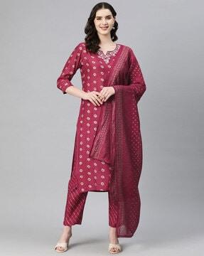 all-over print straight kurta suit set