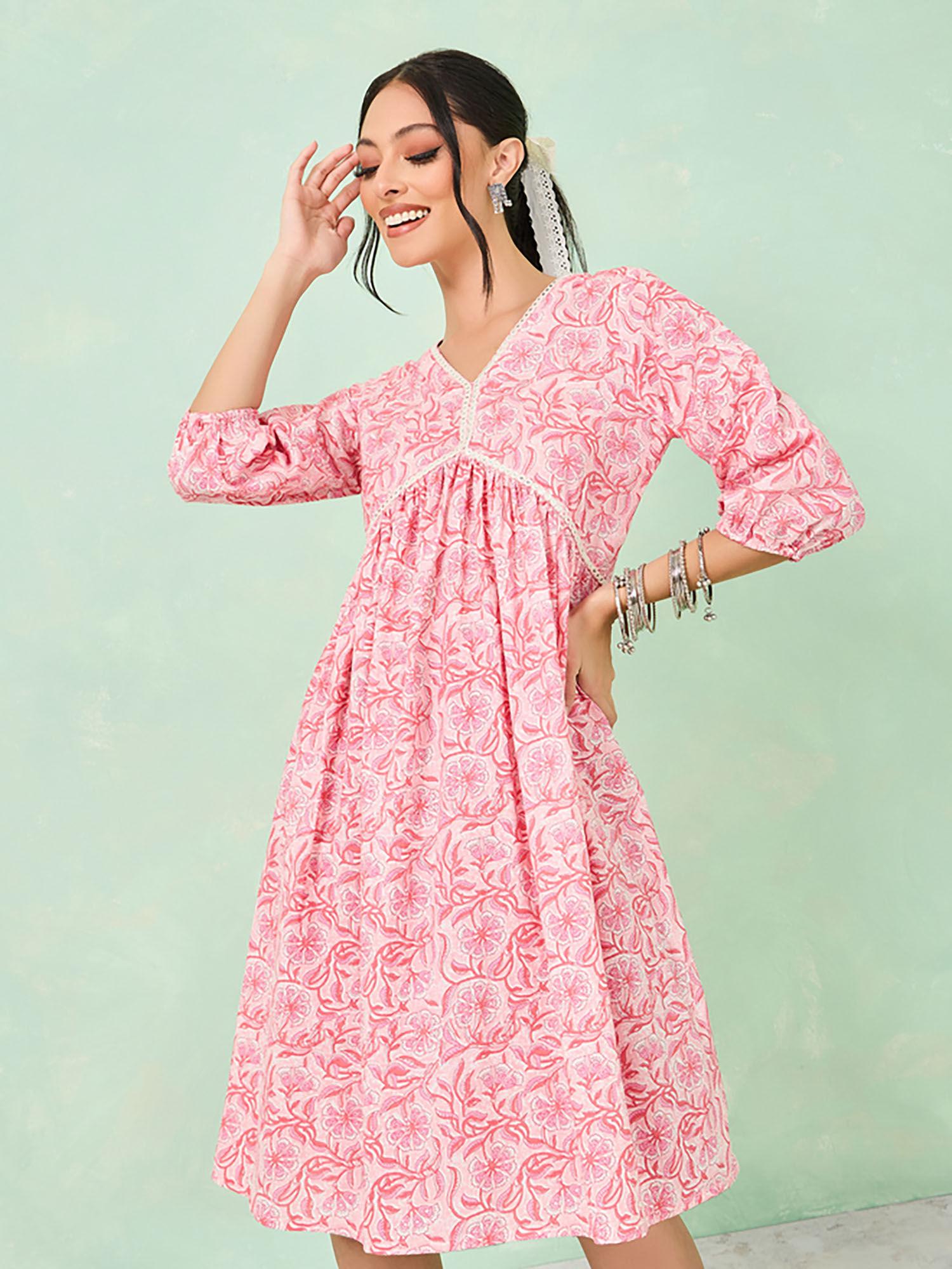 all over print tassel tie back midi dress pink cotton