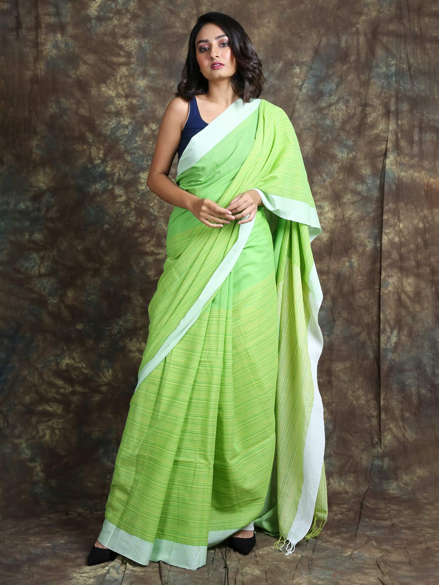 all over stripes light green handloom saree with unstitched blouse