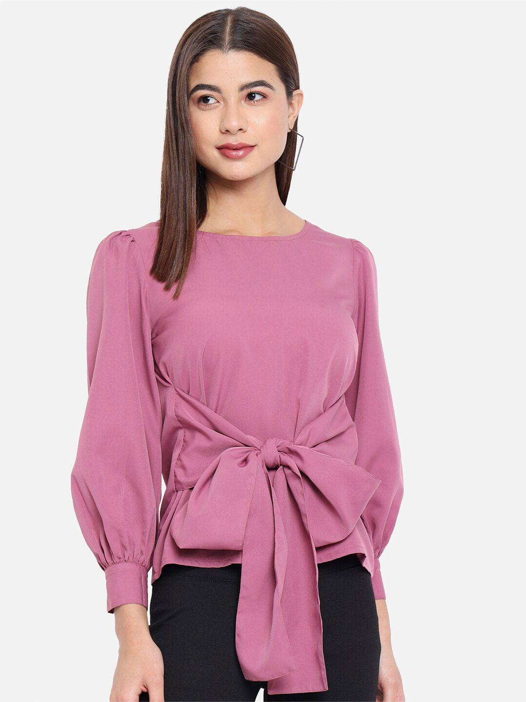 all ways you pink cuffed sleeves waist tie-up regular top