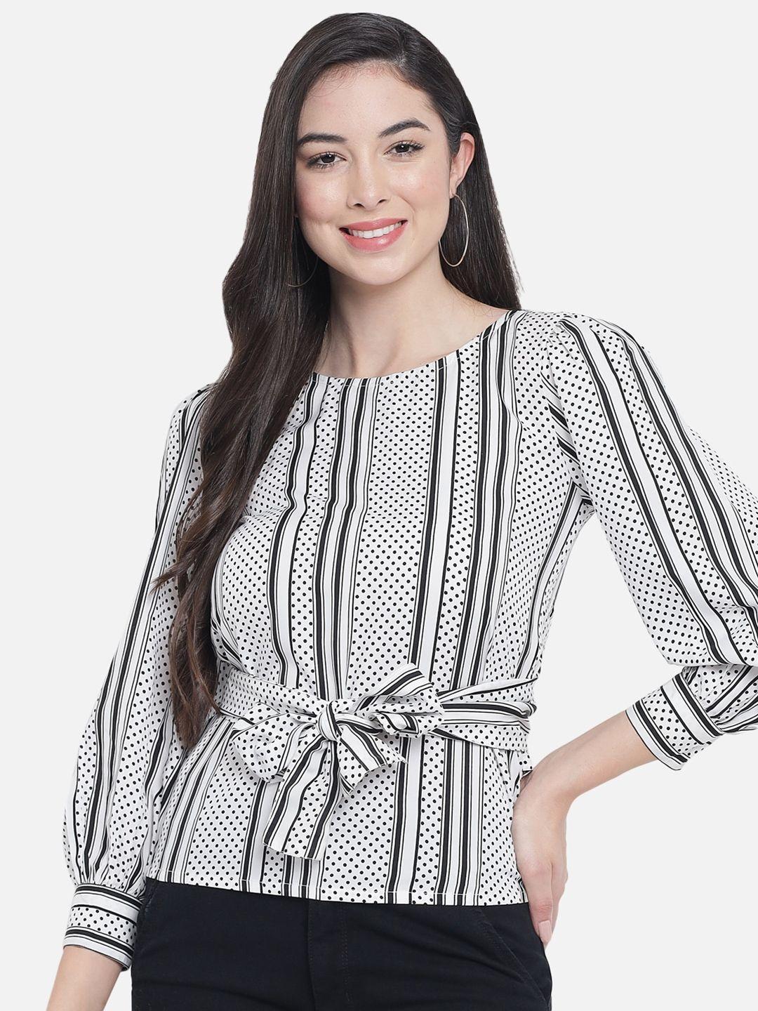 all ways you polka dots and striped puff sleeves crepe cinched waist top