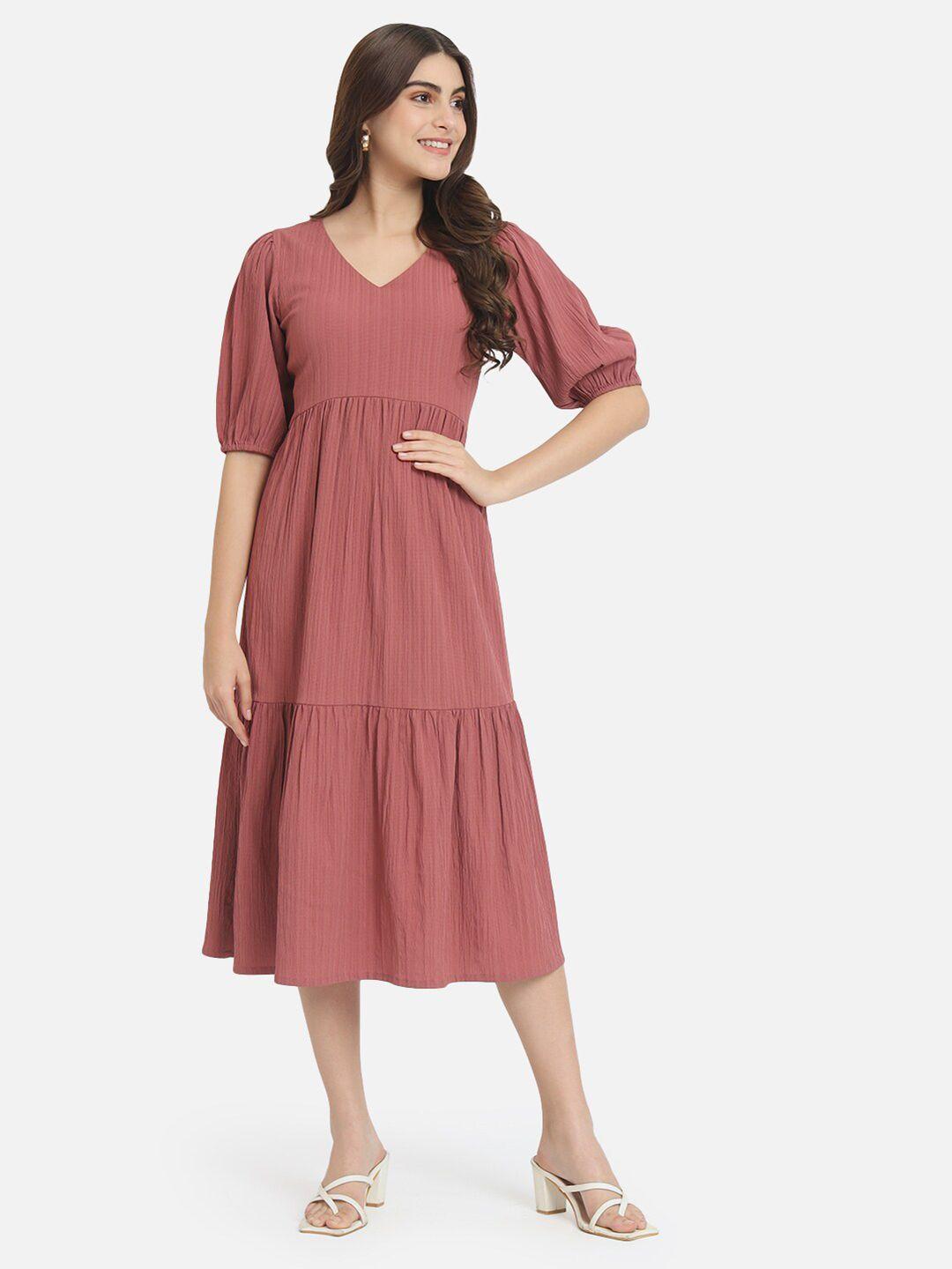 all ways you v-neck puff sleeves gathered tiered a-line midi dress