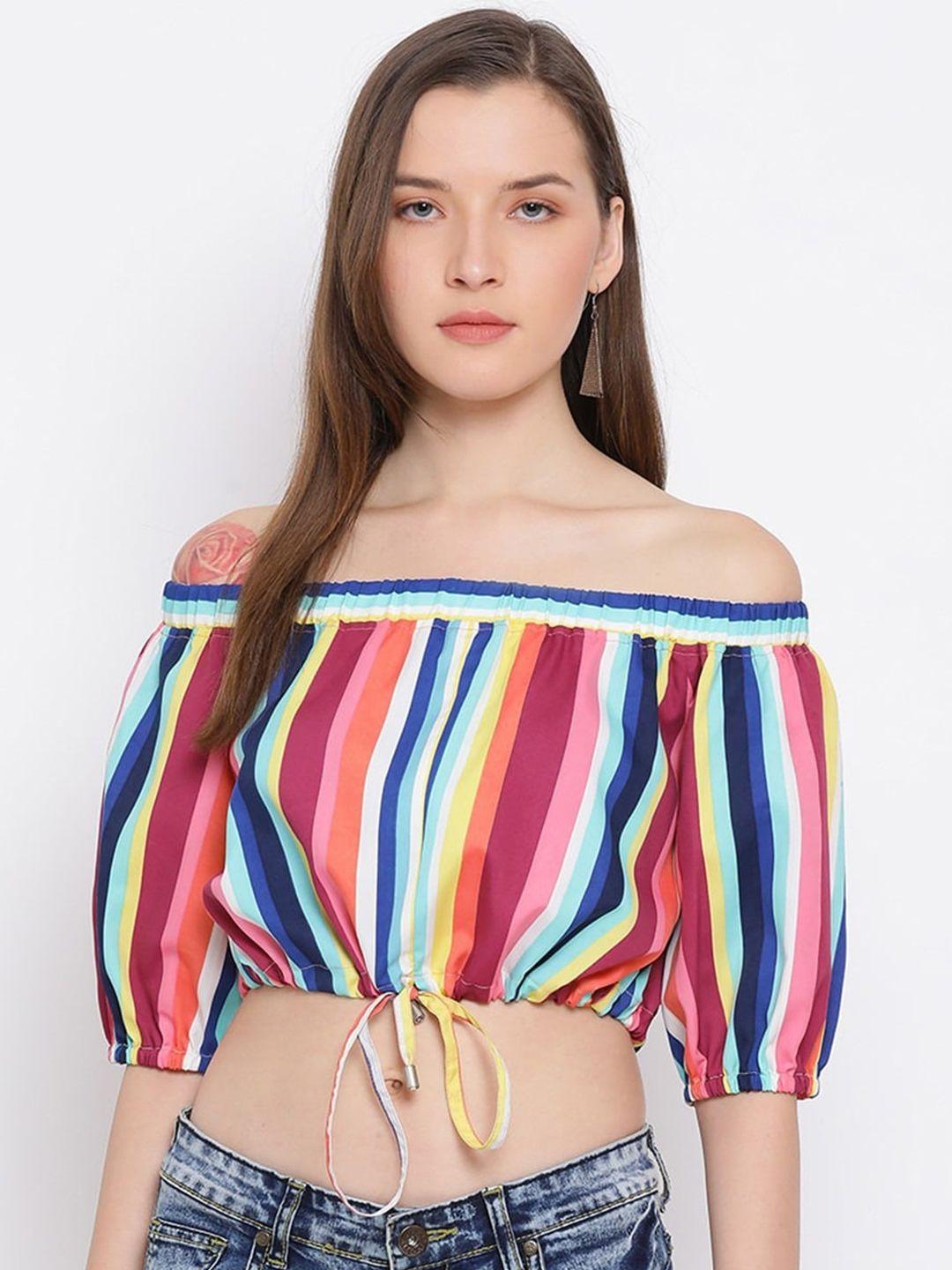 all ways you vertical striped off-shoulder puff sleeve bardot crop top