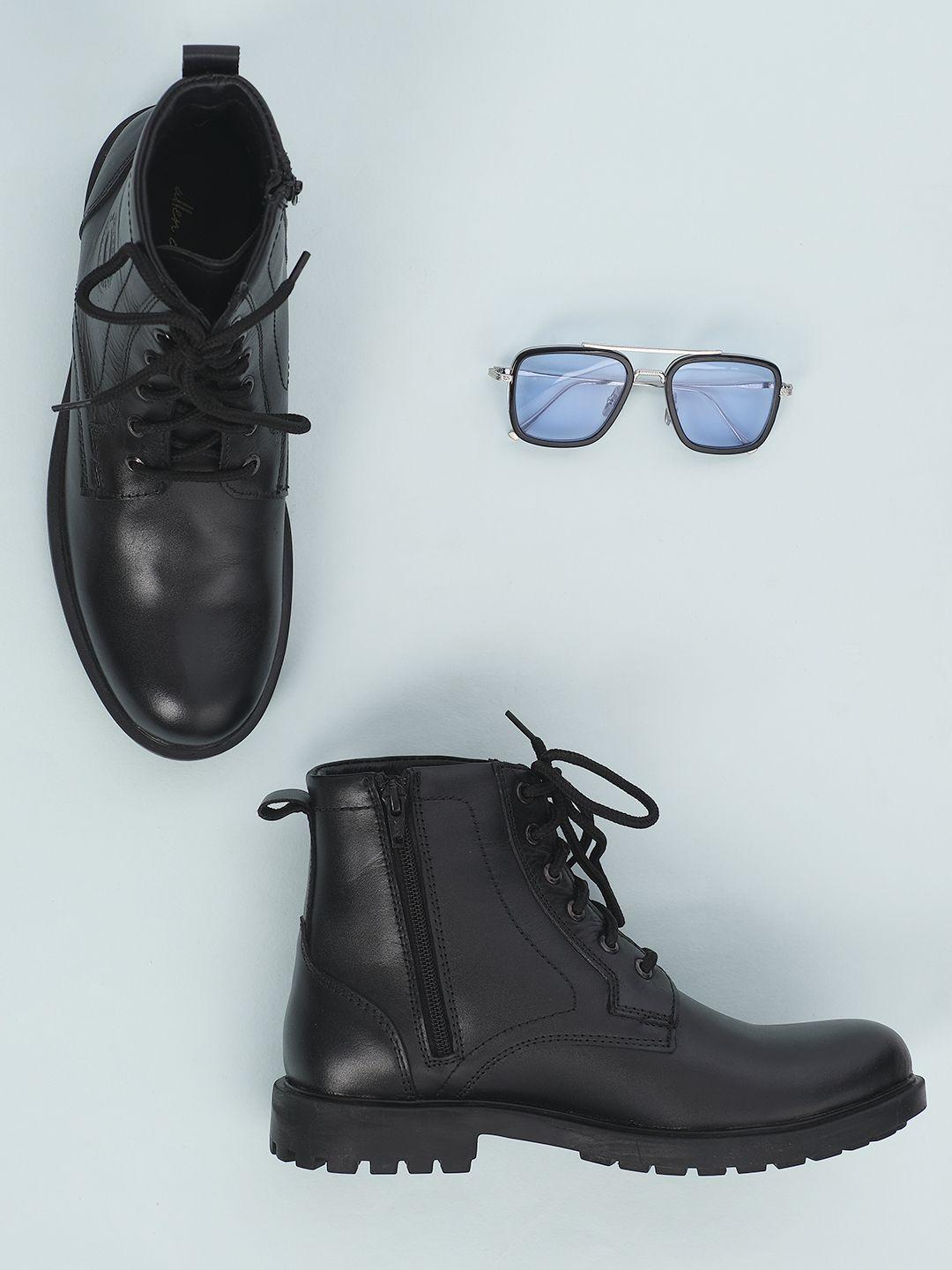 allen cooper men black solid leather high-top flat boots