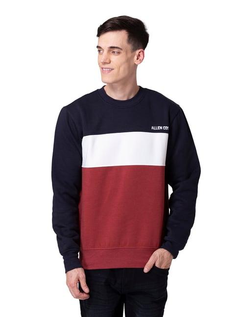 allen cooper navy & maroon regular fit colour-block sweatshirt
