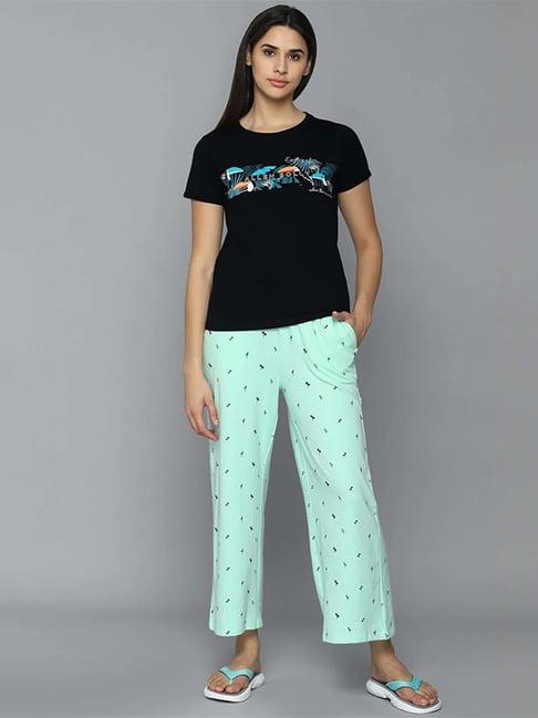 allen solly black & green cotton printed t-shirt pyjama set