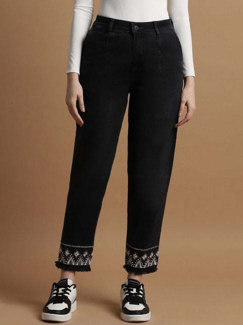 allen solly black cotton embroidered mid rise jeans
