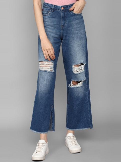 allen solly blue cotton distressed mid rise jeans