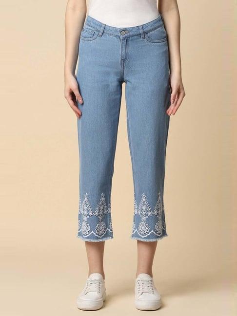 allen solly blue cotton embroidered mid rise crop jeans