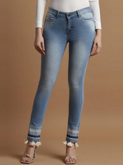 allen solly blue cotton embroidered mid rise jeans
