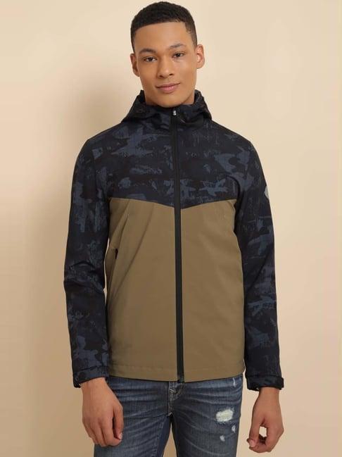 allen solly brown cotton regular fit color block hooded jacket