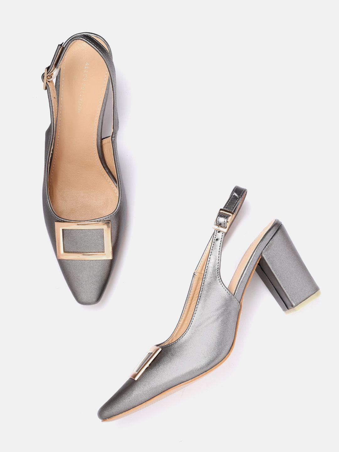 allen solly grey solid block mules with buckles