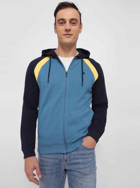 allen solly jeans blue regular fit colour block hooded sweatshirt