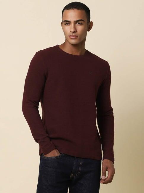 allen solly jeans maroon cotton regular fit texture t-shirt