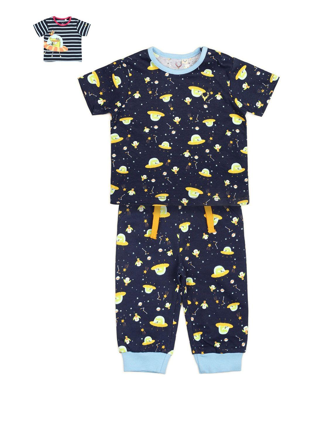 allen solly junior boys navy blue & yellow printed pure cotton t-shirt with trousers