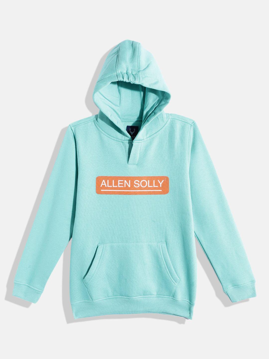 allen solly junior boys turquoise blue brand logo print hooded sweatshirt
