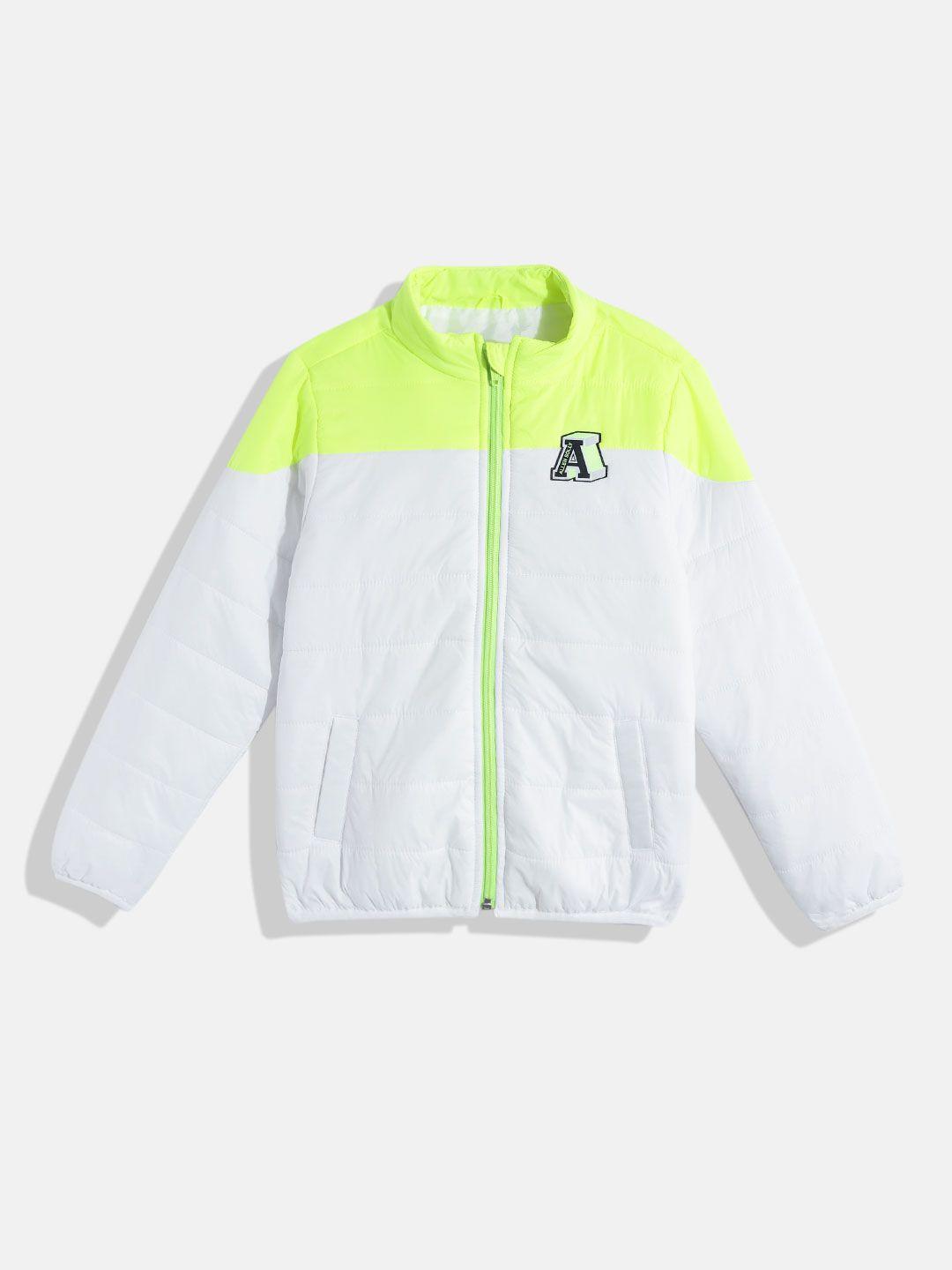 allen solly junior boys white & neon green colourblocked padded jacket