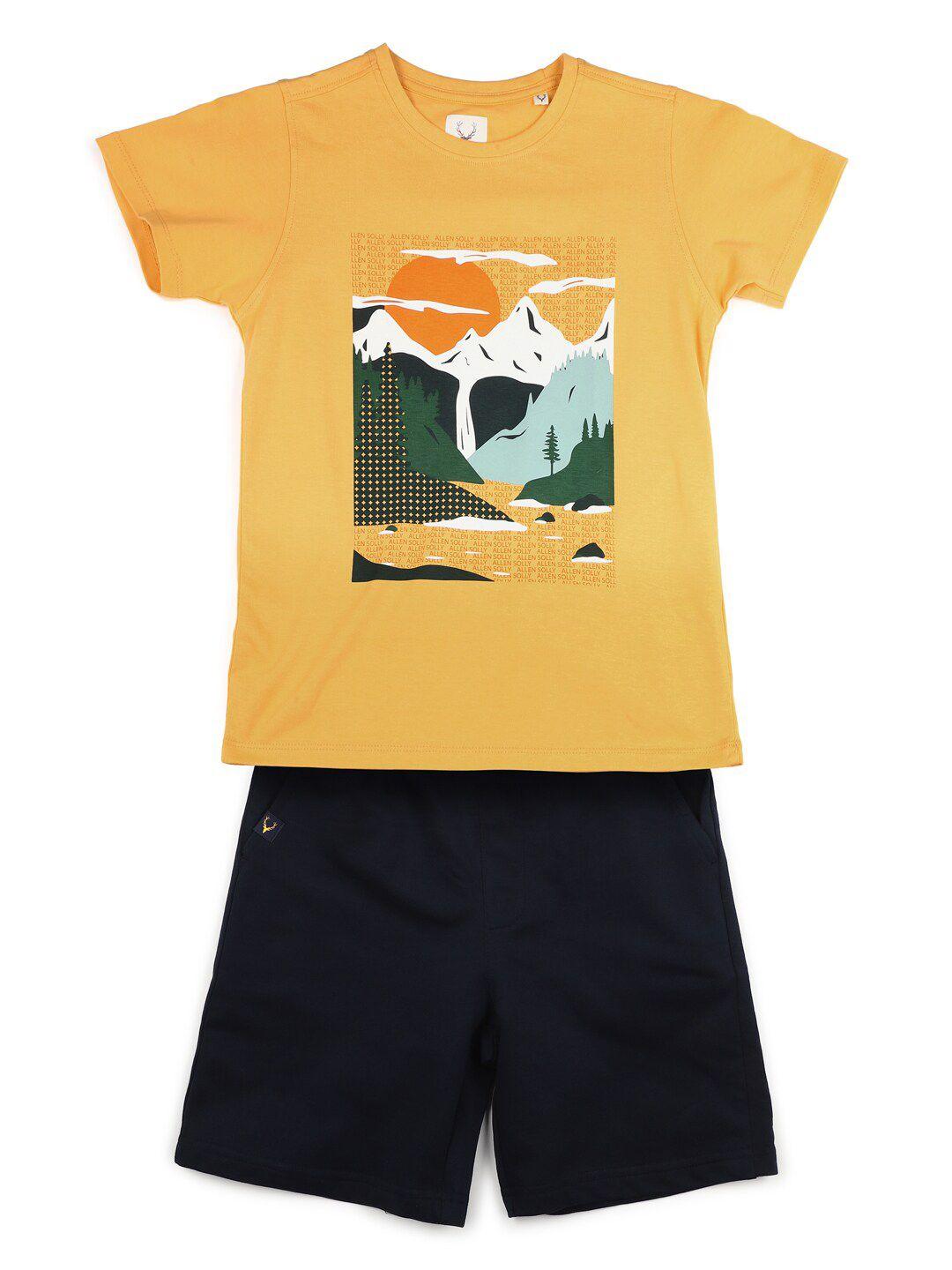 allen solly junior boys yellow & black printed cotton t-shirt with shorts
