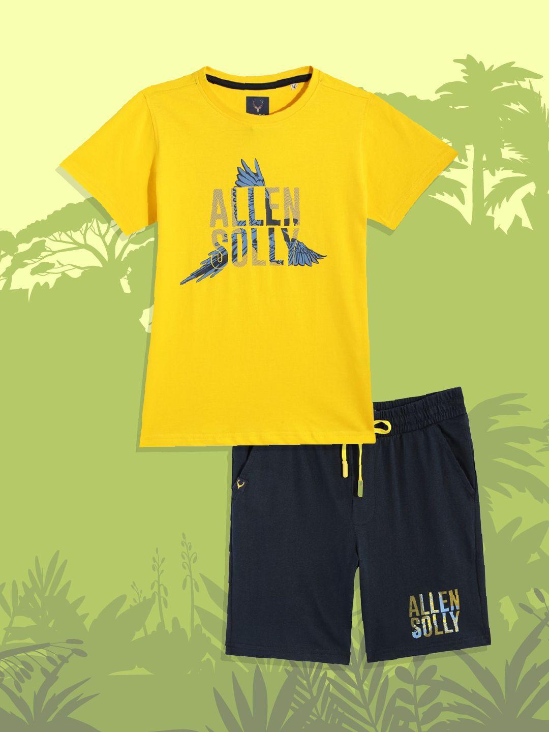 allen-solly-junior-boys-yellow-&-navy-blue-printed-pure-cotton-t-shirt-with-shorts-set
