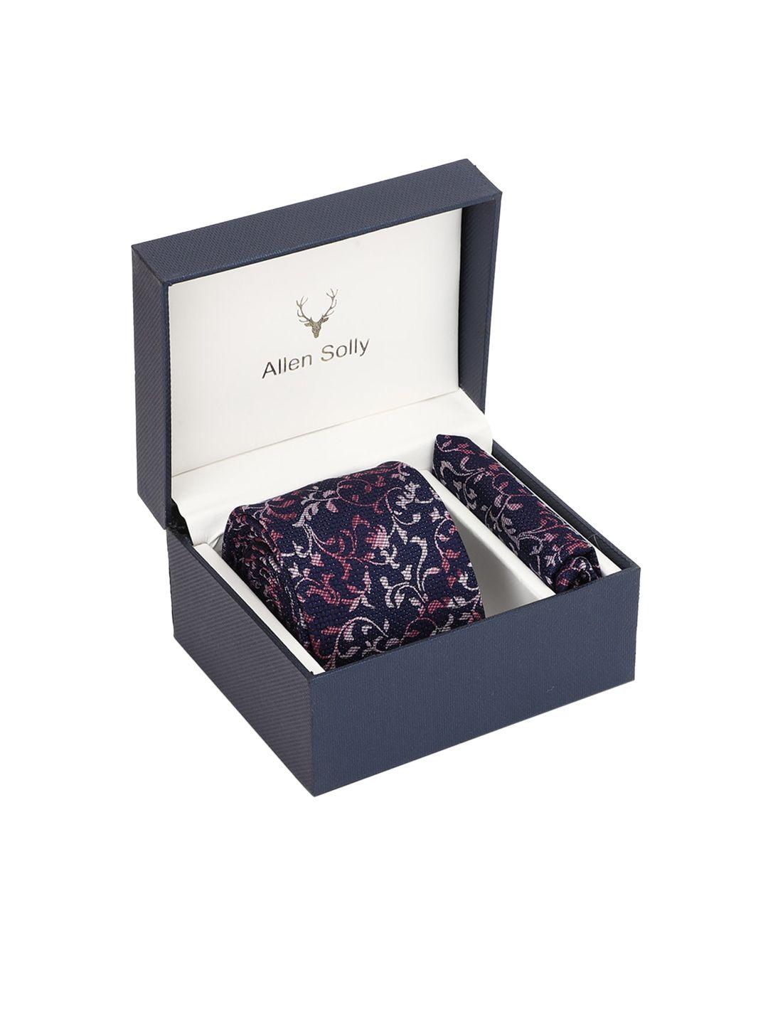 allen solly men navy blue & red printed tie and pocket square accessory gift set