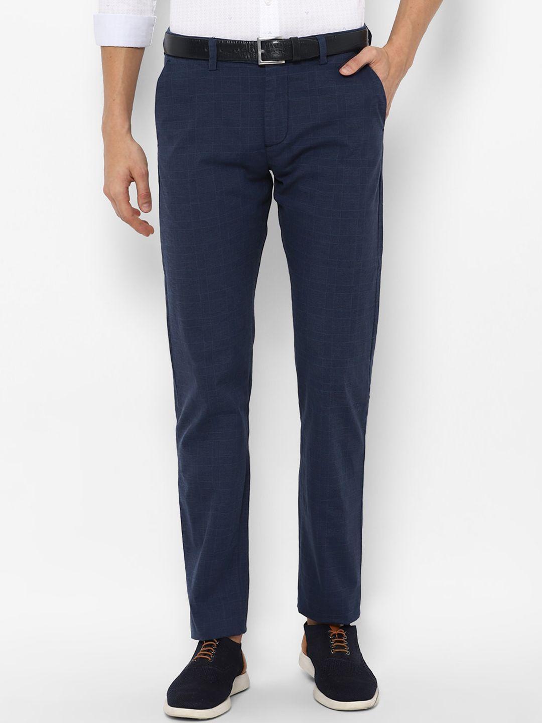 allen solly men navy blue checked slim fit trousers