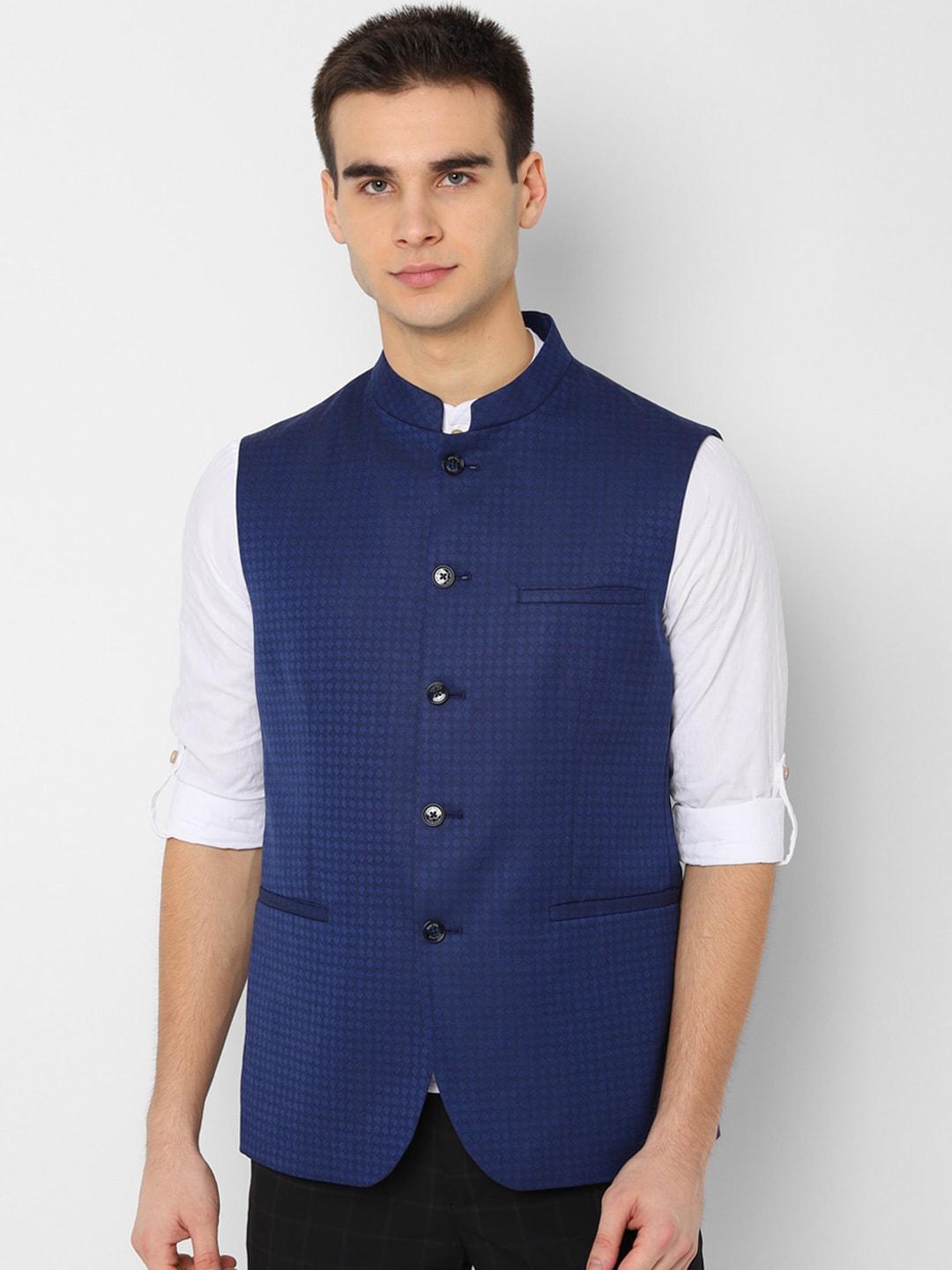 allen solly men navy blue slim fit woven design nehru jacket