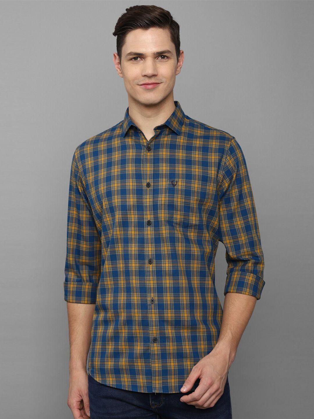 allen solly men teal blue slim fit checked cotton casual shirt