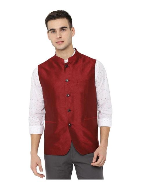 allen solly red self design mandarin collar nehru jacket