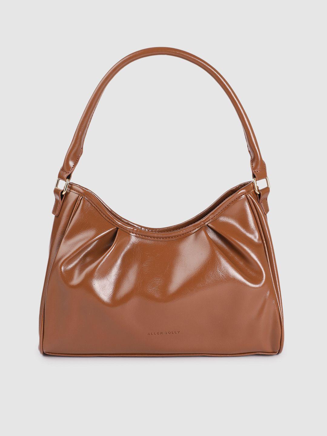 allen solly tan brown solid pu regular structured mini hobo bag with pleated detail