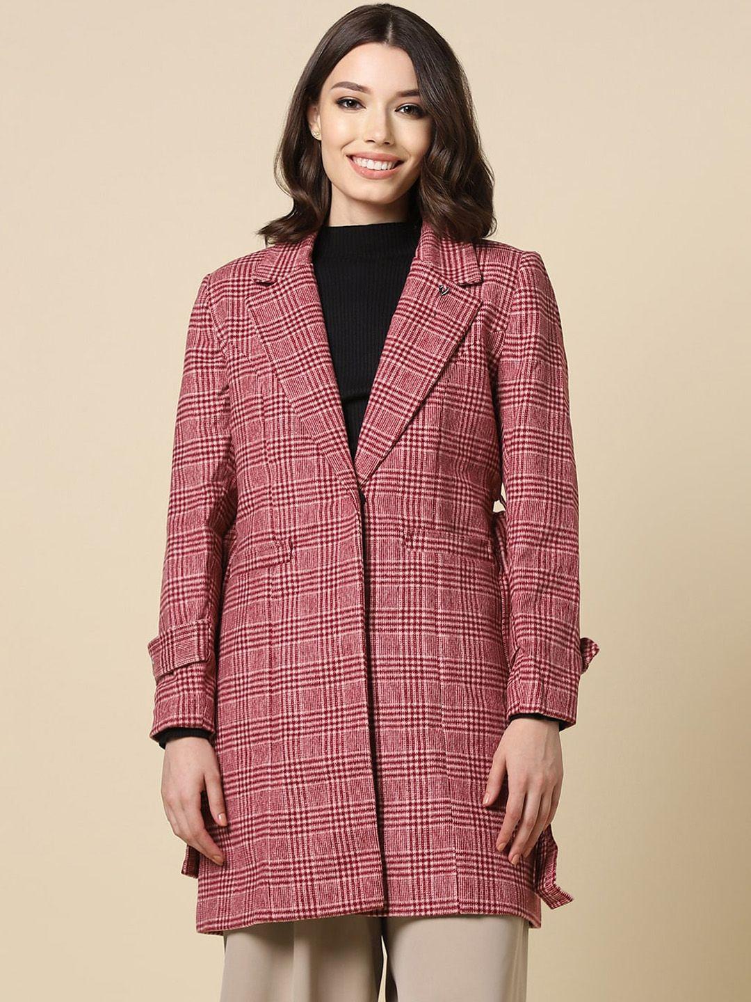 allen solly woman checked notched lapel collar long sleeve cotton regular fit overcoat