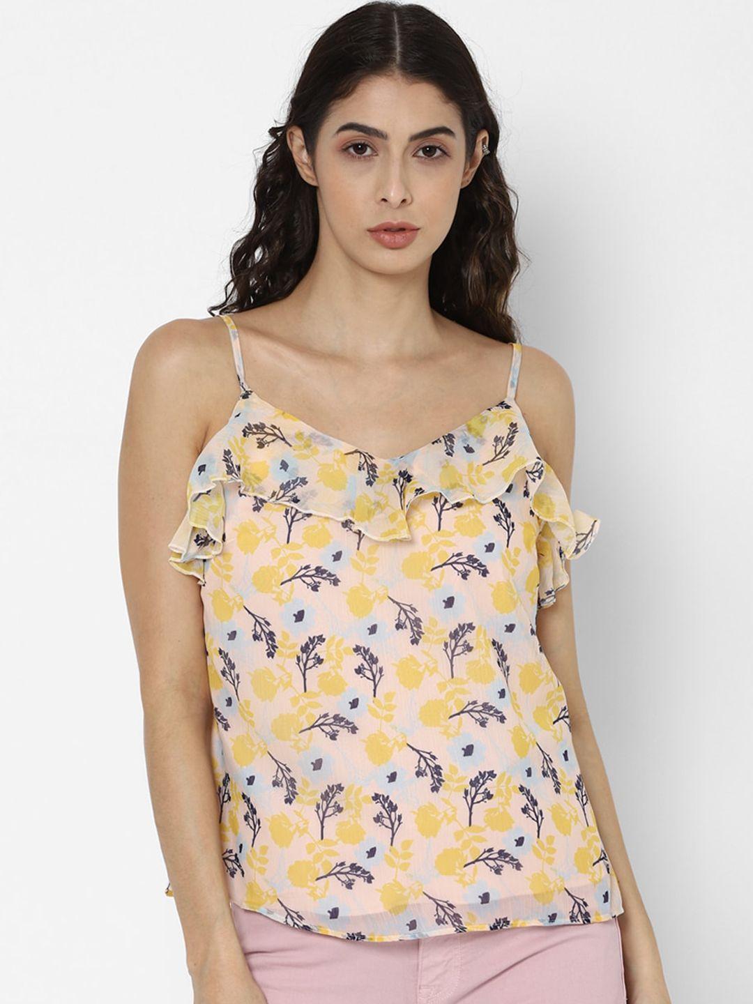 allen solly woman cream-coloured & mustard yellow floral printed ruffled regular top