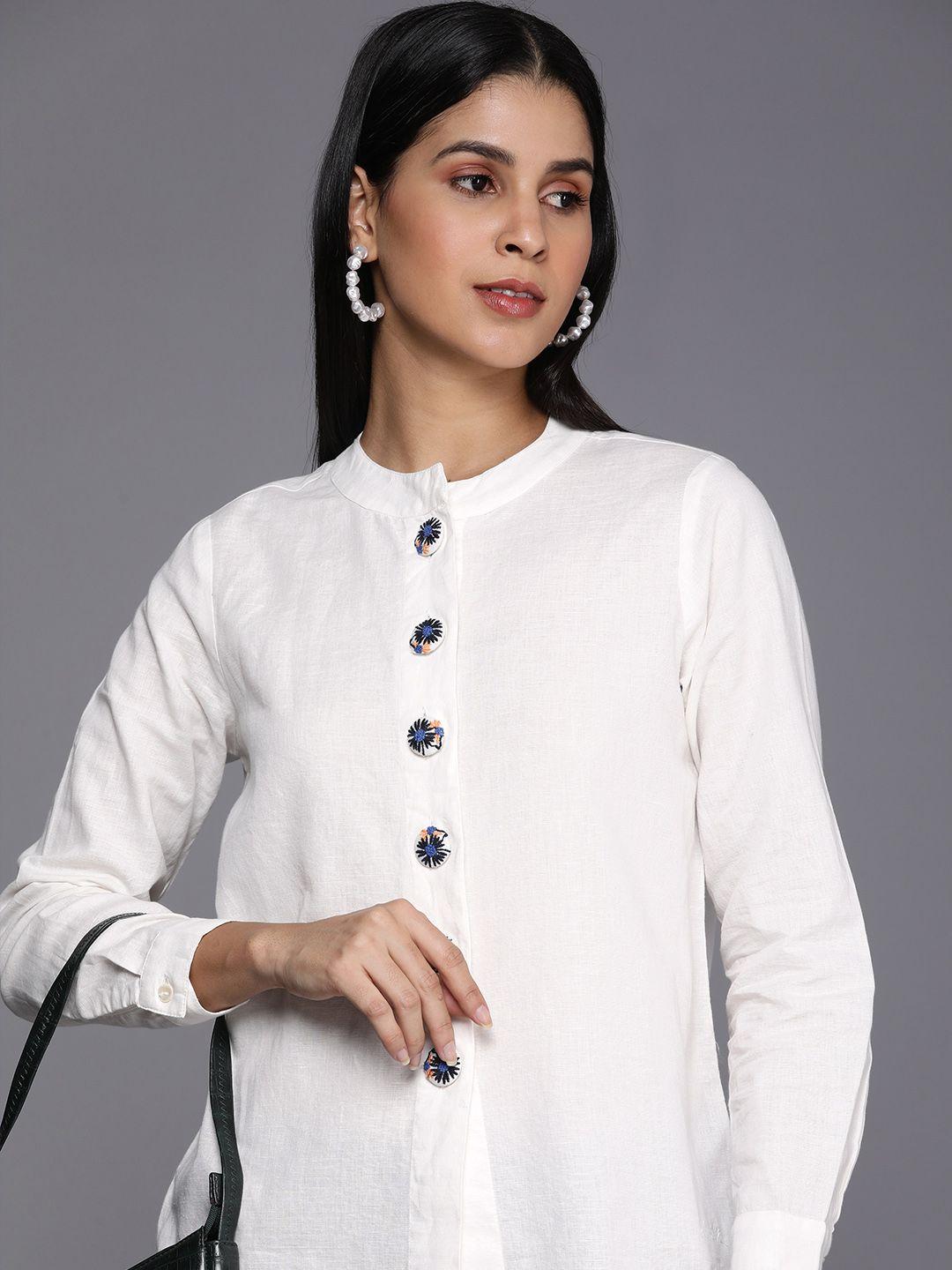 allen solly woman embroidered button detail mandarin collar shirt style top