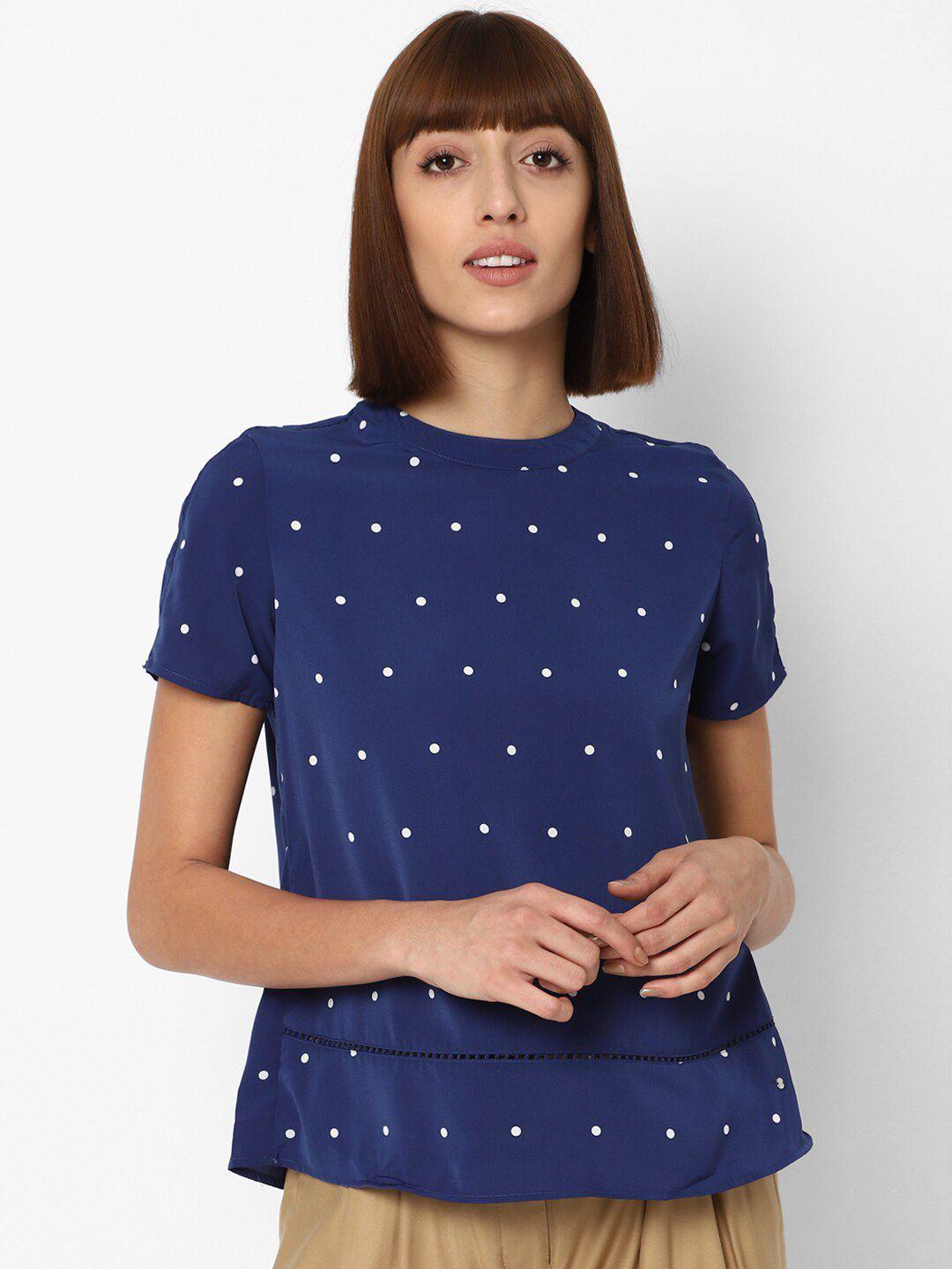 allen solly woman navy blue & white polka dots printed regular top