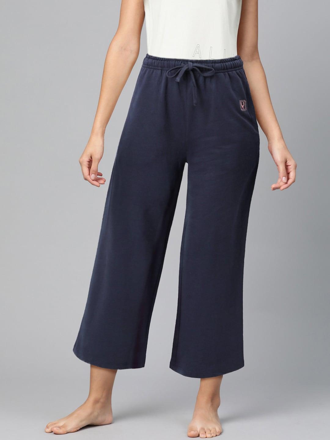allen solly woman navy blue solid pure cotton lounge pants
