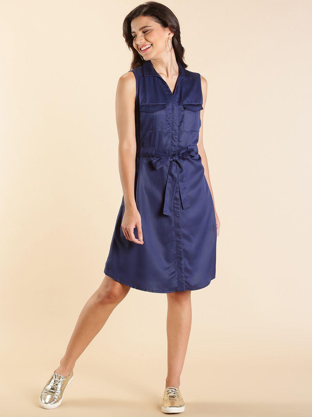 allen solly woman navy blue solid shirt dress with waist tie-ups