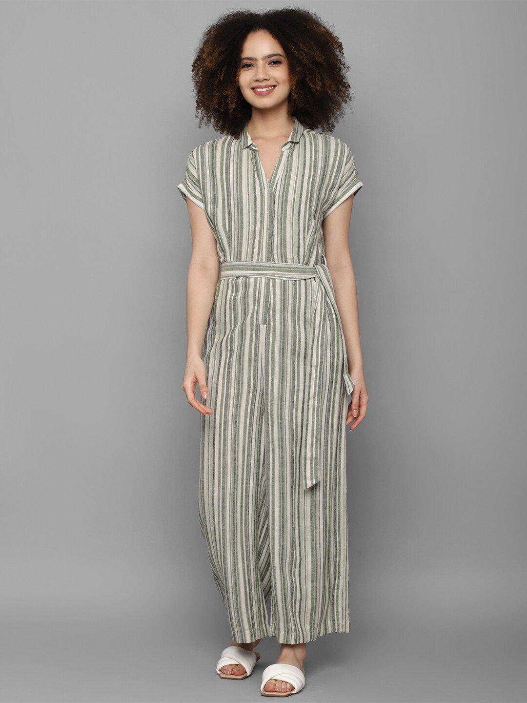 allen solly woman olive green & white linen striped basic jumpsuit
