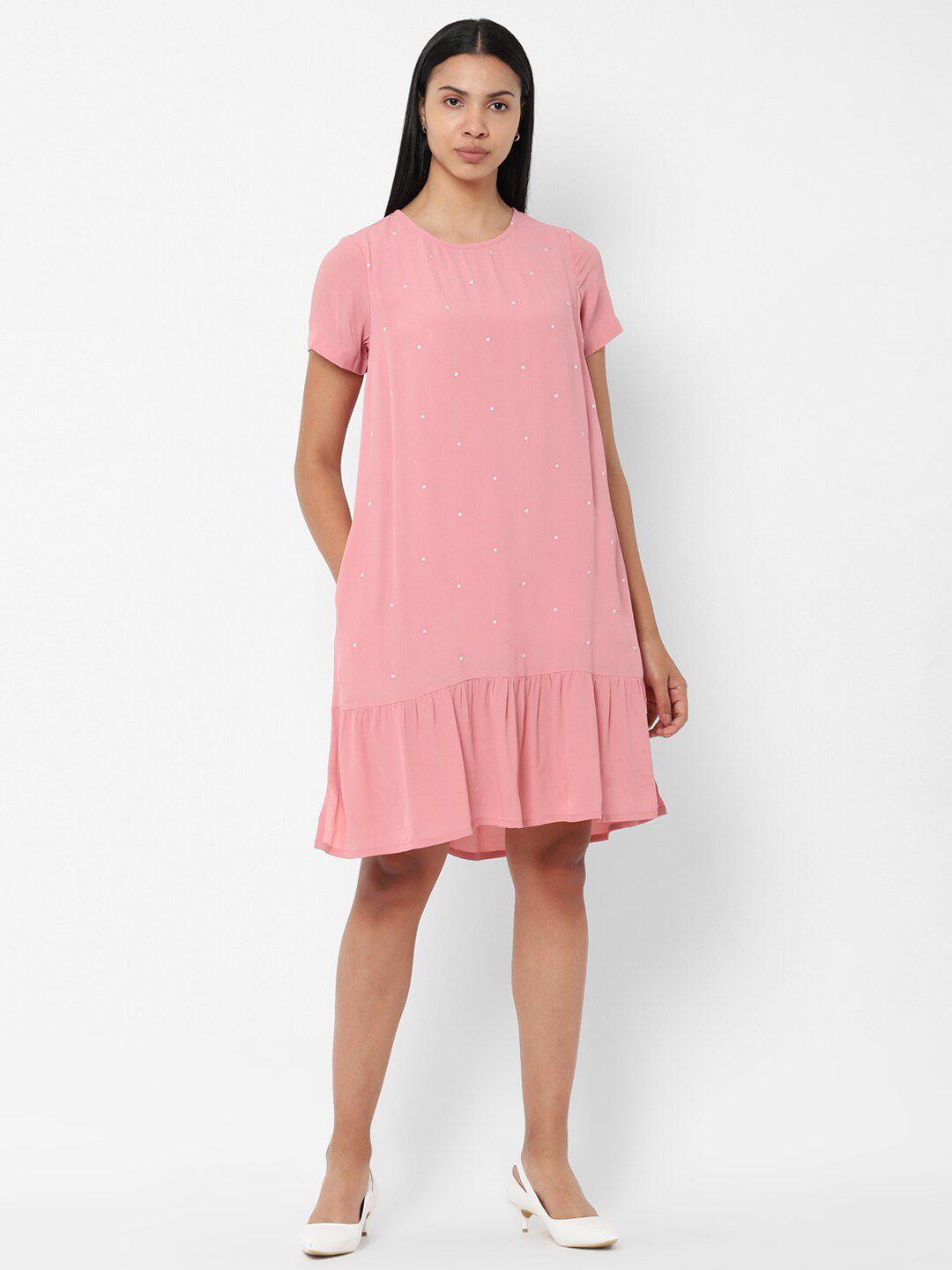 allen solly woman pink polka dots embroidered drop-waist dress