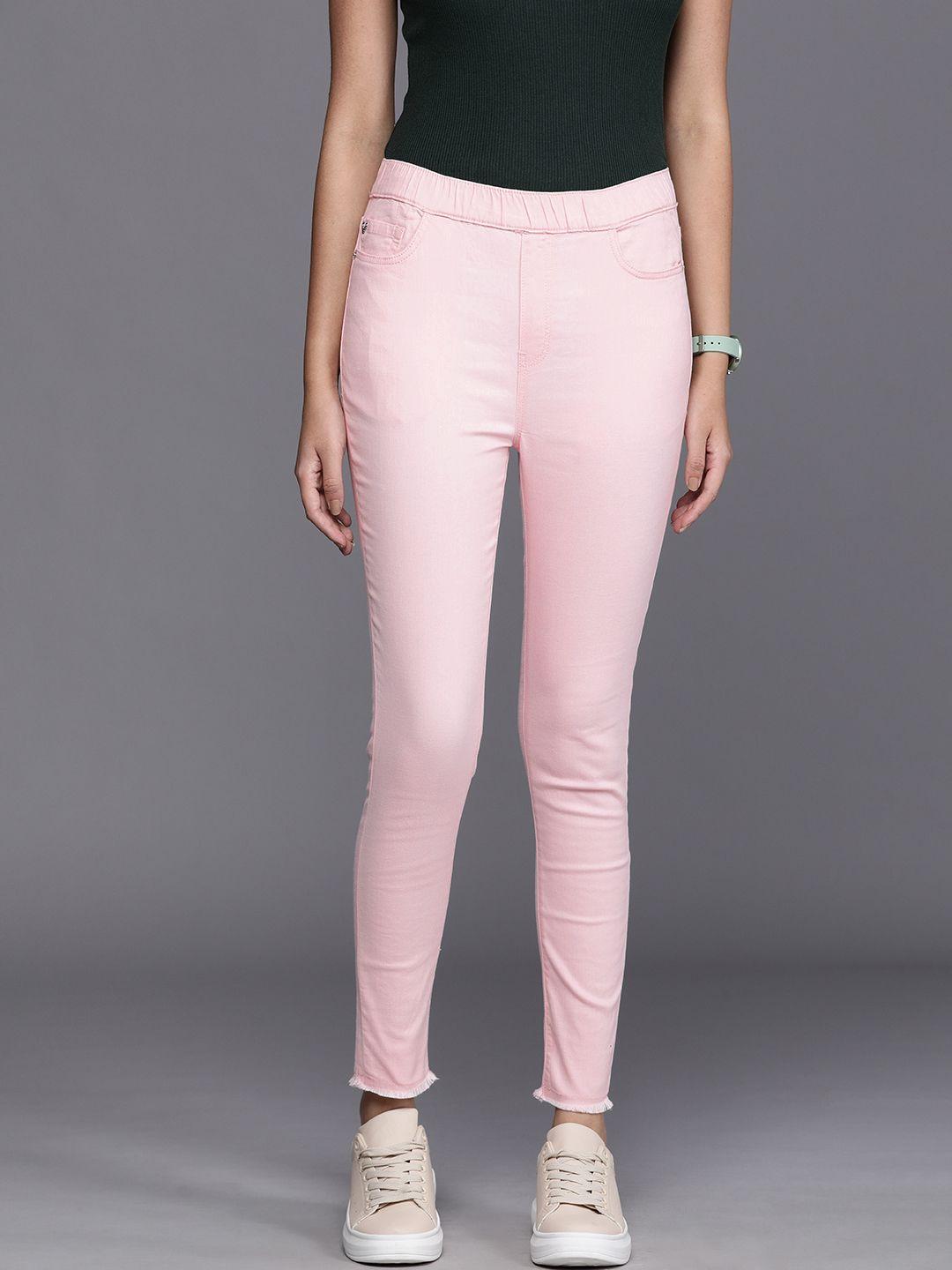allen solly woman pink skinny fit high-rise frayed jeggings
