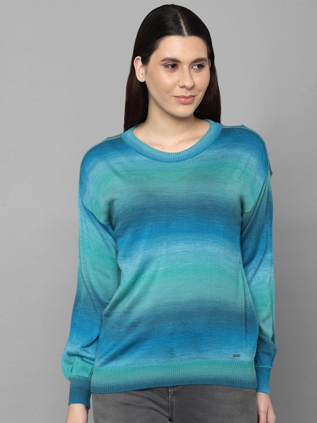 allen solly woman women green & blue colourblocked pullover pure cotton sweater