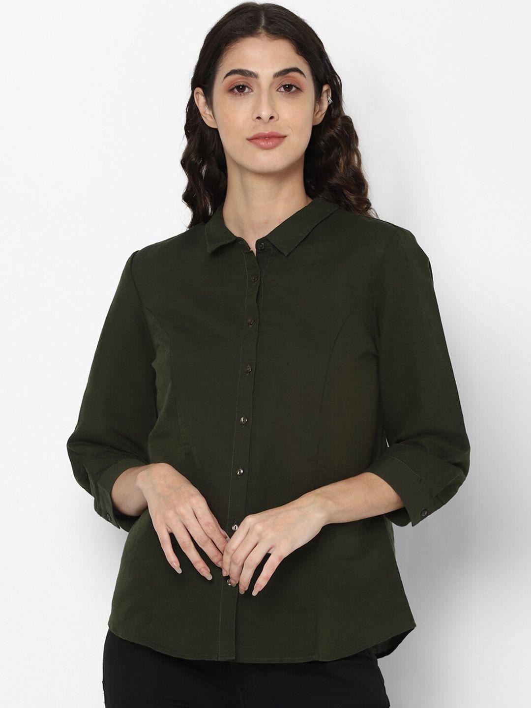 allen solly woman women olive green regular fit solid casual shirt