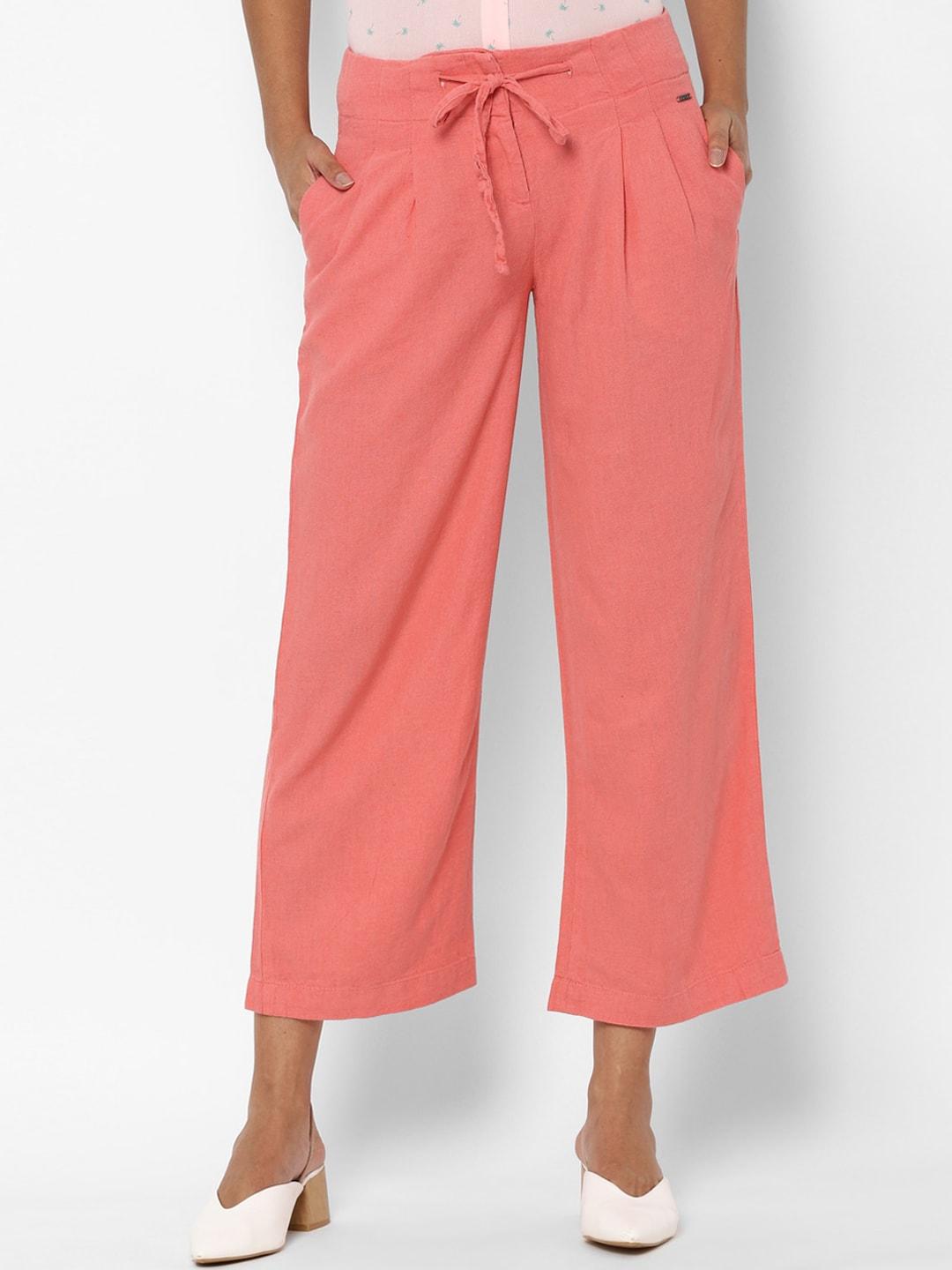 allen solly woman women pink slim fit pleated linen parallel trousers