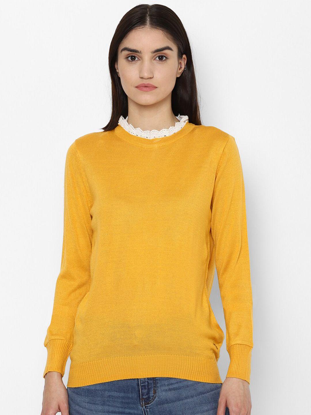 allen solly woman women yellow & white solid round neck pullover